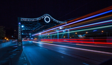 Long exposure with streetcar on Queen Viaduct Bridge in Toronto